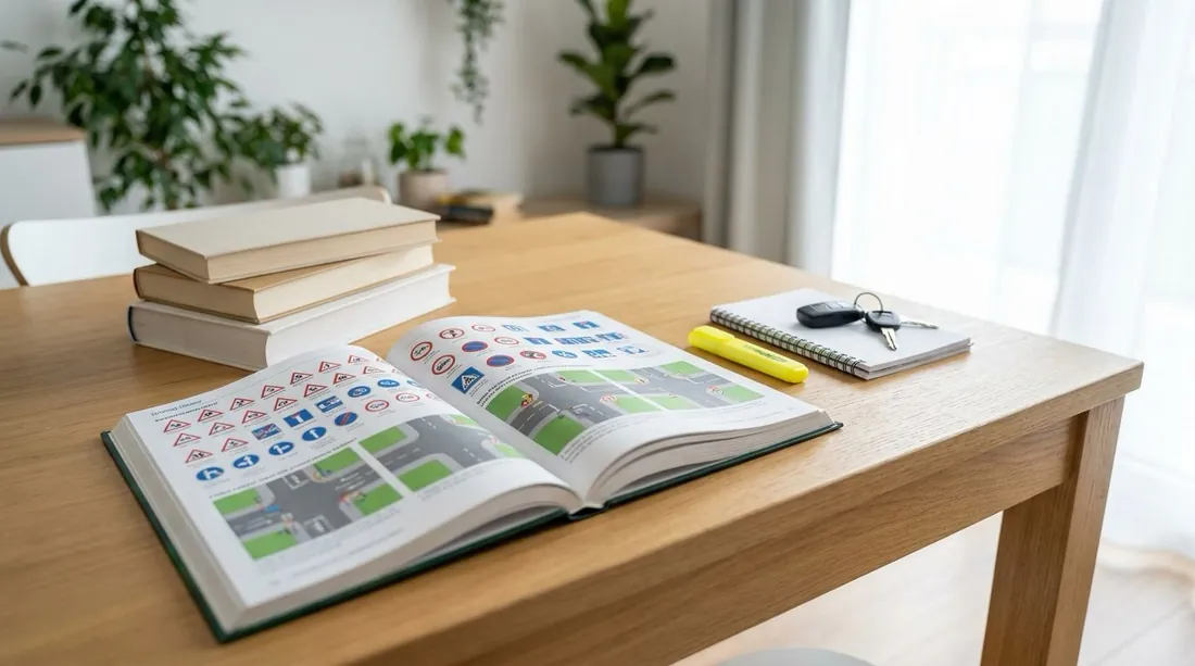 Opengeslagen scooter theorieboek met verkeersborden en een kruispuntsituatie, met markeerstift en scootersleutels op tafel om mee te oefenen