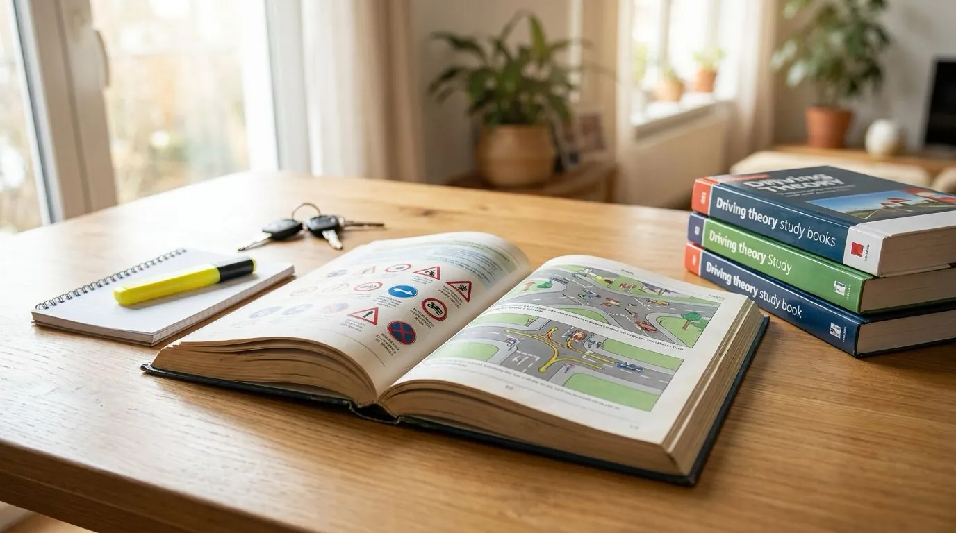 Theorieboek voor de scooter theorie ligt open op tafel bij de verkeersborden, met een stapel theorieboeken en scootersleutels ernaast